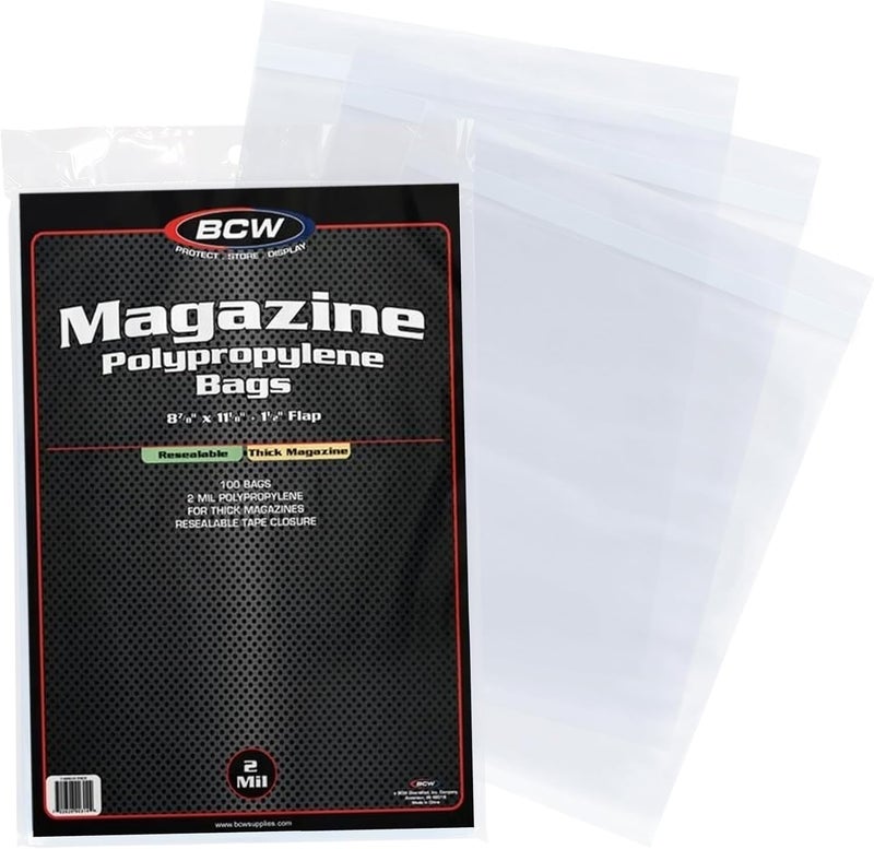 BCW Thick Resealable Magazine Bags - 1 Pack of 100 | Acid-Free, Clear Polypropylene Sleeves for Archival-Quality Storage of Collectible Magazines | Protect Your Valuable Comic Book Collection - Image 1